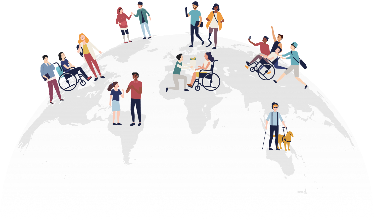 sketch of diverse group of people standing on world map. Credit: Global Accessibility Awareness Day at https://accessibility.day