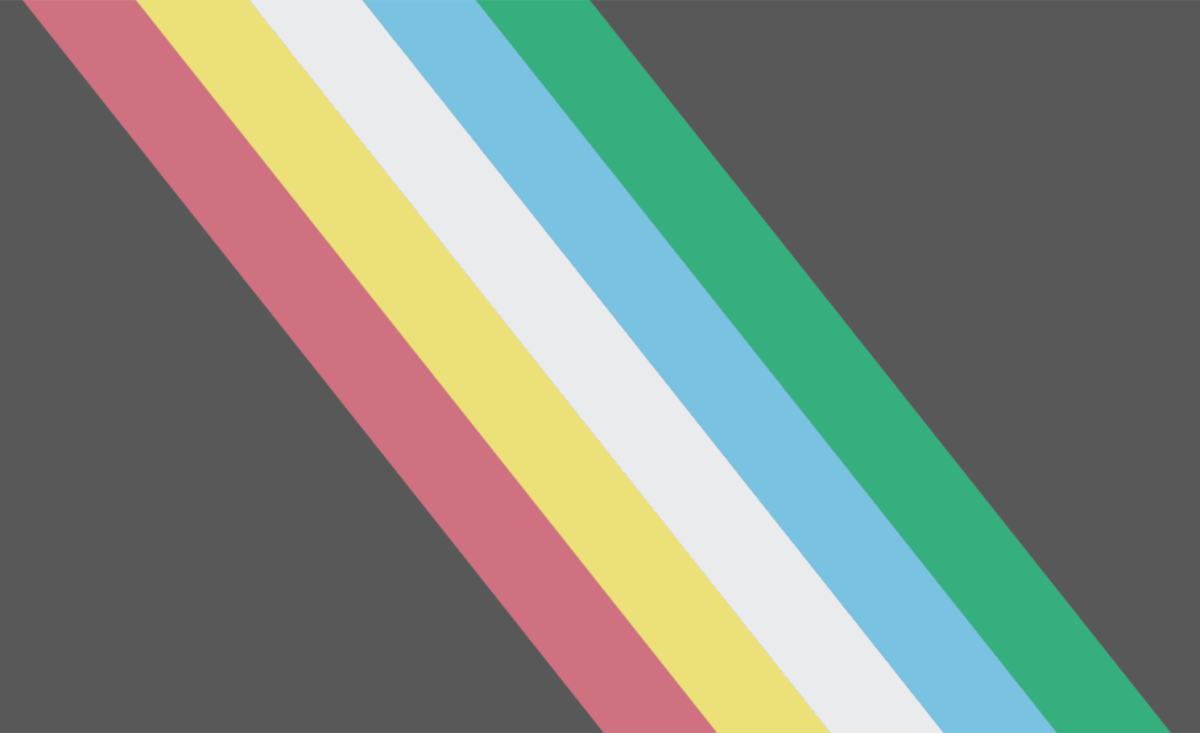 Disability Pride Flag: A charcoal grey flag with a diagonal band from the top left to bottom right corner, made up of five parallel stripes in red, gold, pale grey, blue, and green
