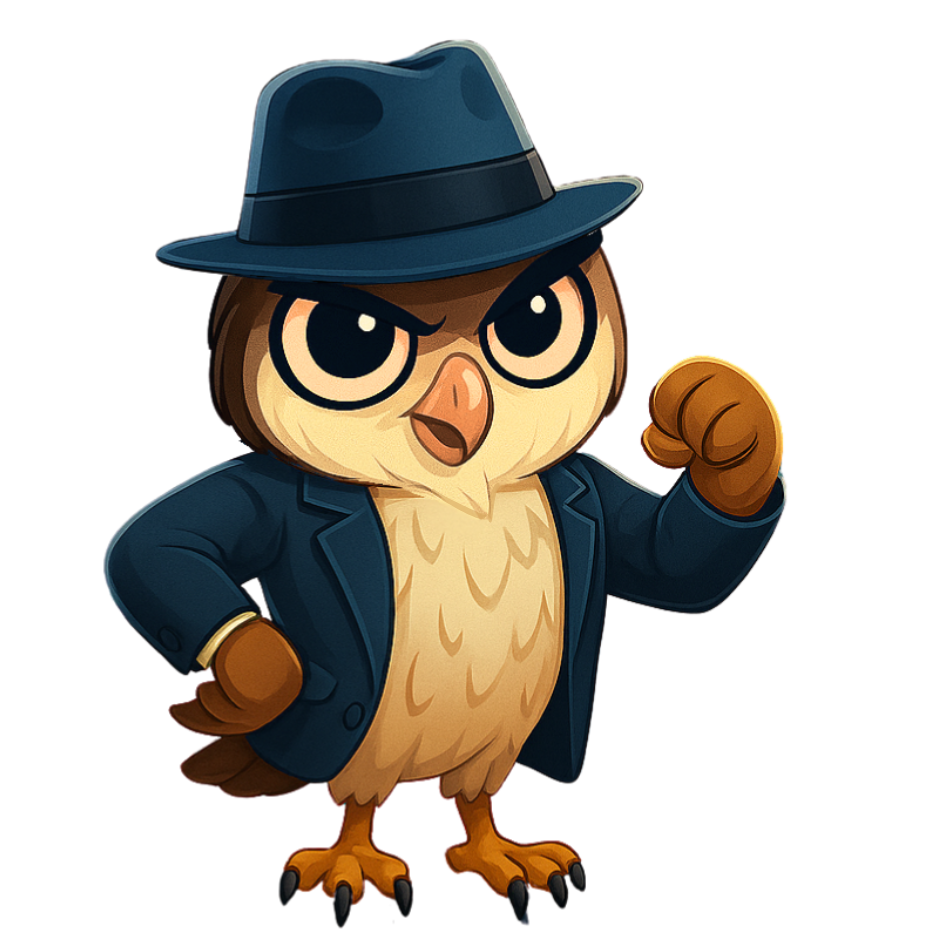 Sammy Owl looking at the camera with a fidora hat and suit jacket on. One on is on his hip and the other has a clinched hand and is up.