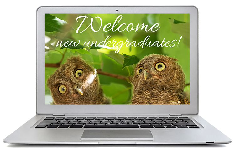 Welcome new undergraduates on laptop with photo of two young owls
