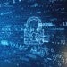 Digital padlock on abstract technology background